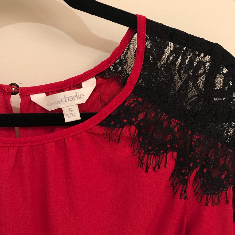 🚫SOLD🚫 EUC Red Dress w/ Eyelash Lace Accent - Picture 2 of 7